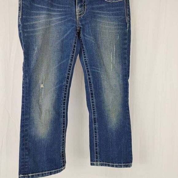 Miss Me Womens Crop Jeans Blue Denim Distressed Thick Stitches Size 27 - EUC!. J - Picture 2 of 7